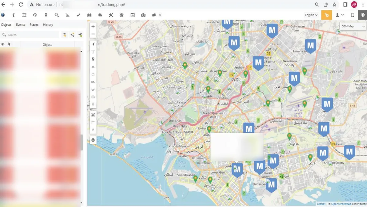 AR Trakker web portal showing a fleet on a map of Karachi
